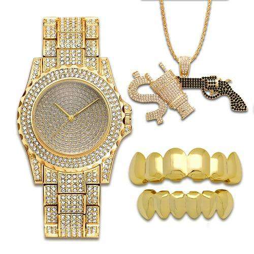 VVS Jewelry hip hop jewelry set Gold Grillz + Bling Gun Pendant + Bling Gold Watch Set