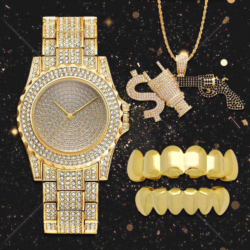 VVS Jewelry hip hop jewelry set Gold Grillz + Bling Gun Pendant + Bling Gold Watch Set