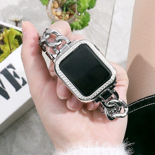 VVS Jewelry hip hop jewelry Silver / 44mm For SE 654 VVS Jewelry Cuban Apple Watch Band + FREE Case