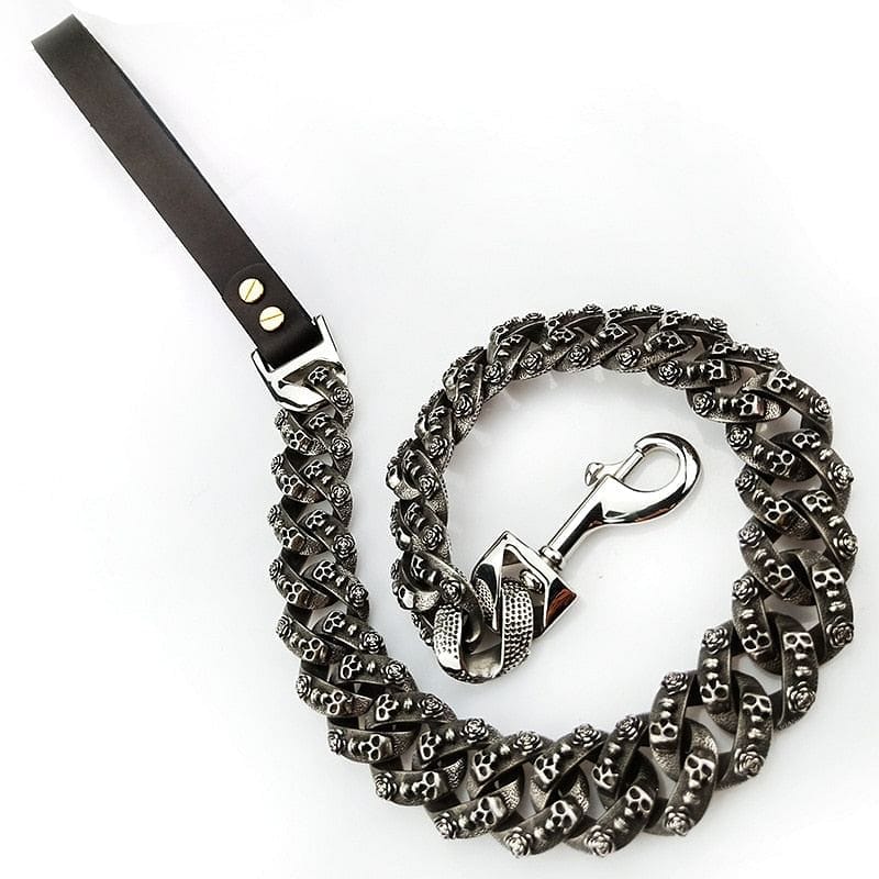 VVS Jewelry hip hop jewelry Silver Leash / 35.4" Thicc Skull Face Cuban Link Dog Leash