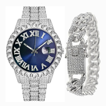 VVS Jewelry hip hop jewelry sliver blue Fully Iced Bling Watch + Cuban Bracelet Bundle