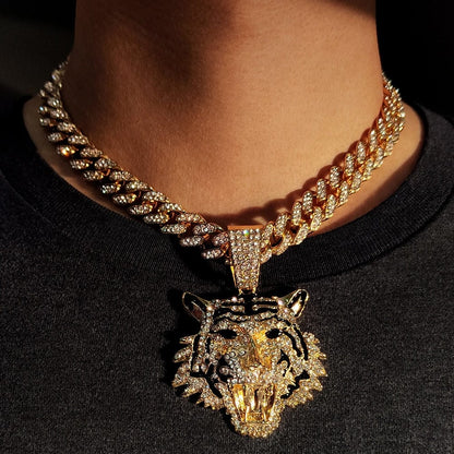 VVS Jewelry hip hop jewelry Tiger Bling Tiger Pendant Cuban Chain Necklace