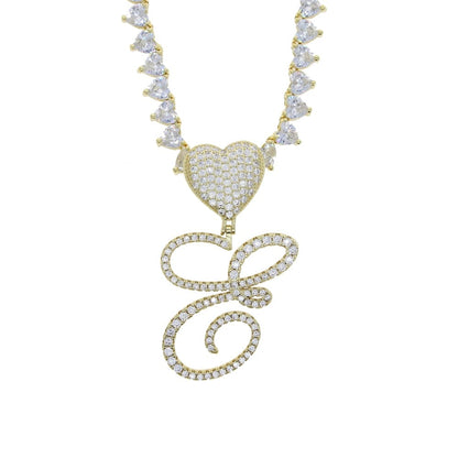 VVS Jewelry hip hop jewelry VVS Jewelry Iced Cursive Heart Initial Pendant Tennis Necklace